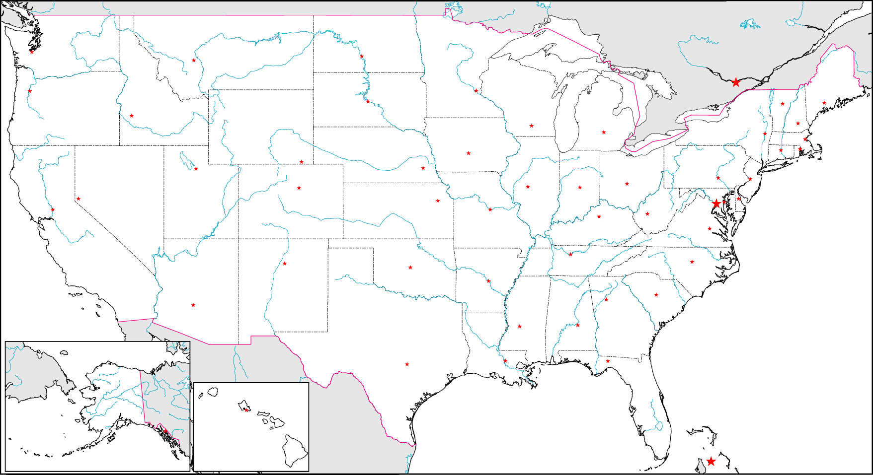 アメリカ合衆国白地図(州境あり/州都あり)