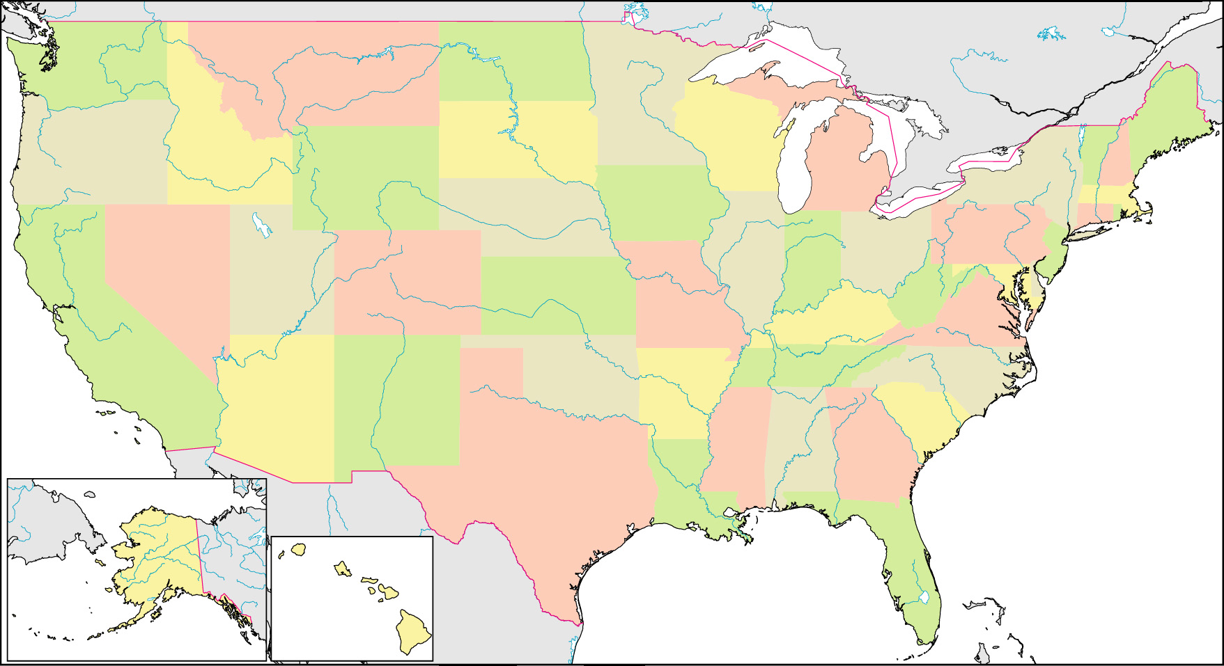 アメリカ合衆国州色分け地図(州境なし/州都なし)