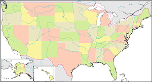 アメリカ合衆国州色分け地図(州境なし/州都なし)の画像