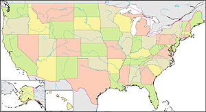 アメリカ合衆国州色分け地図(州境あり/州都なし)の画像