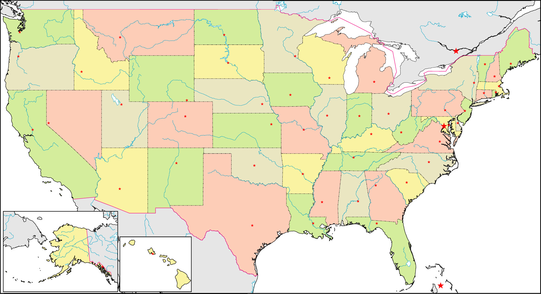 アメリカ合衆国州色分け地図(州境あり/州都あり)