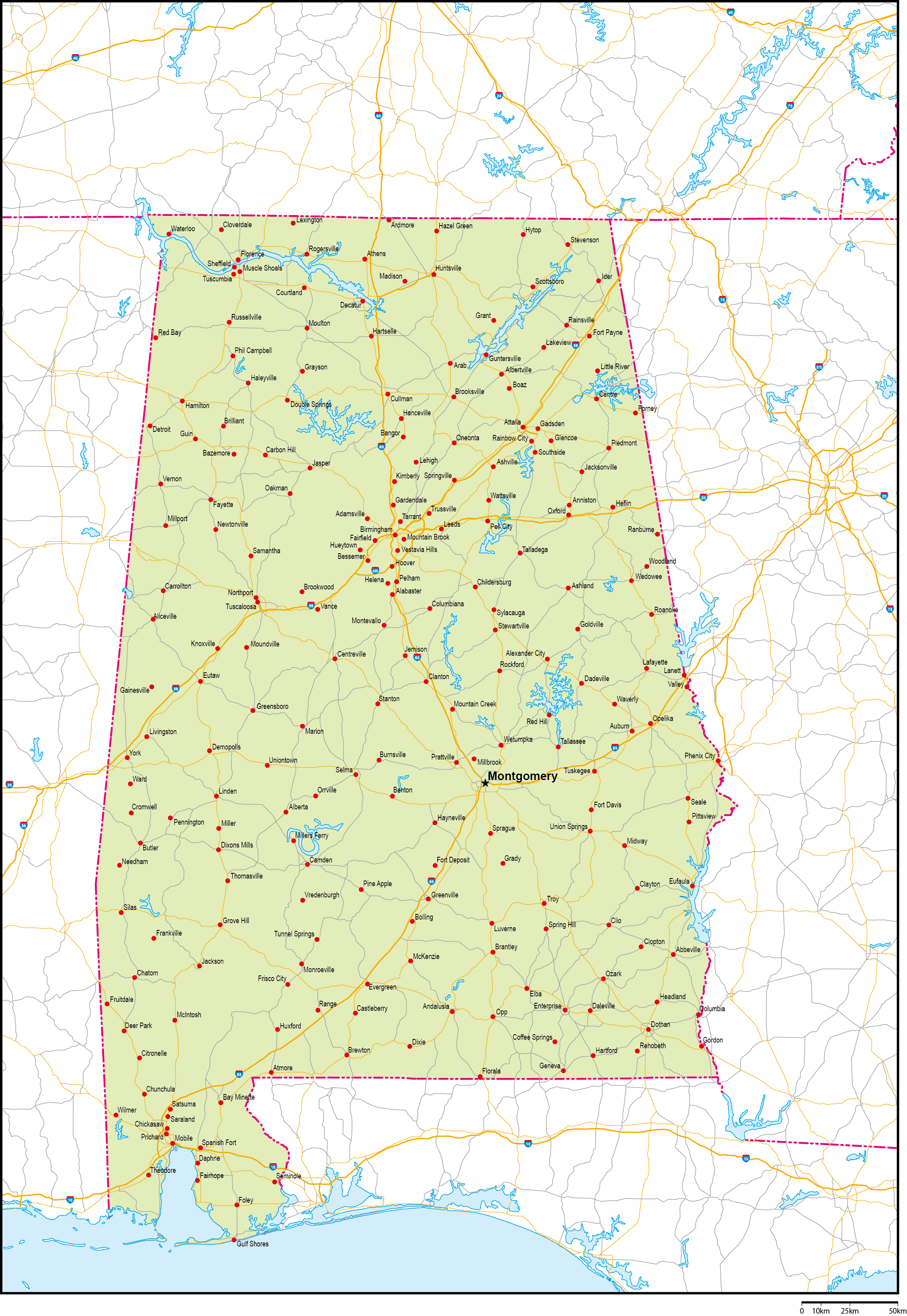 アラバマ州地図州都・主な都市・道路あり(英語)フリーデータの画像