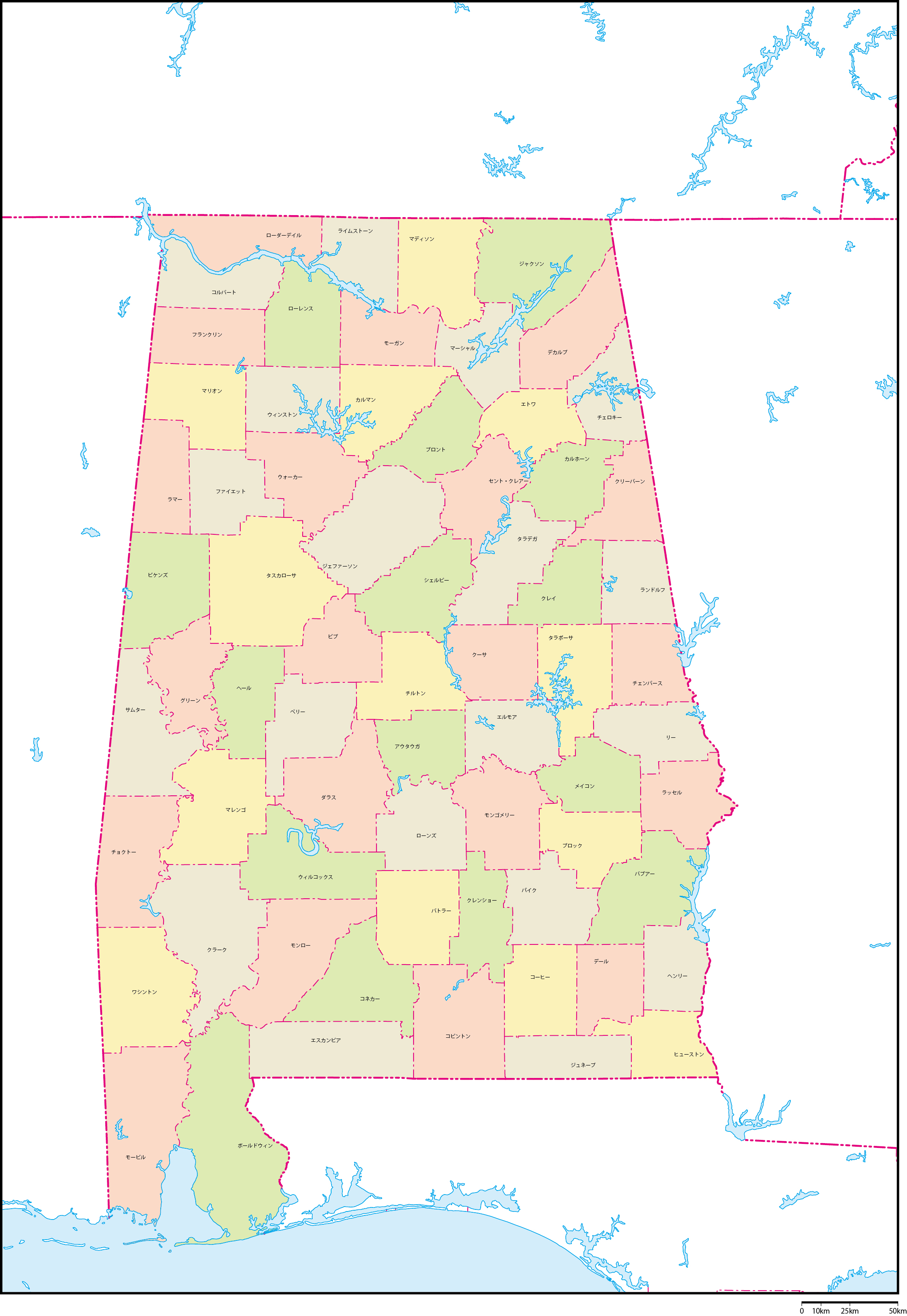 アラバマ州郡色分け地図郡名あり(日本語)フリーデータの画像
