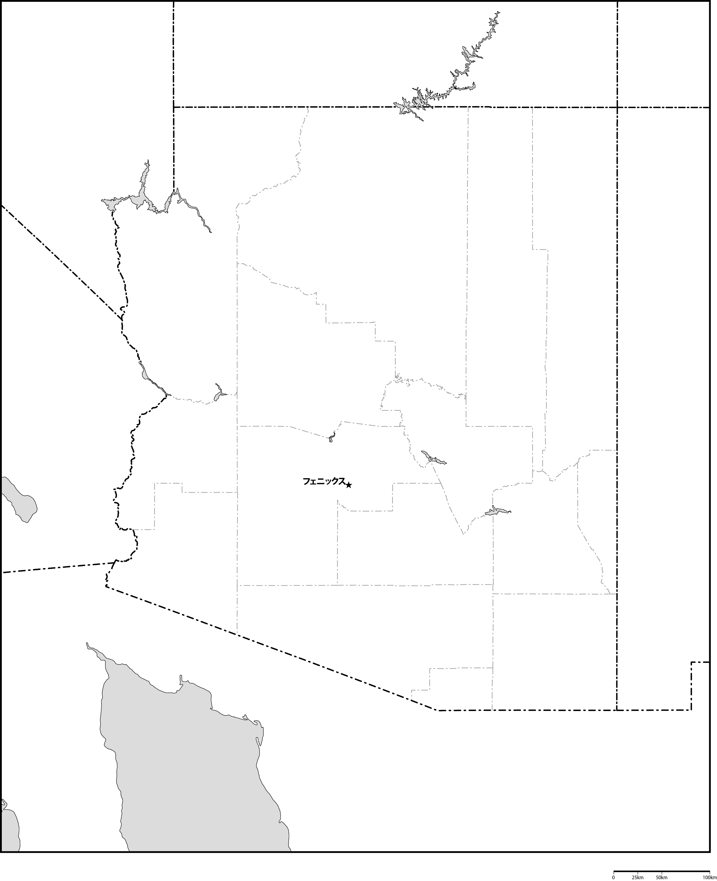 アリゾナ州郡分け白地図州都あり(日本語)フリーデータの画像
