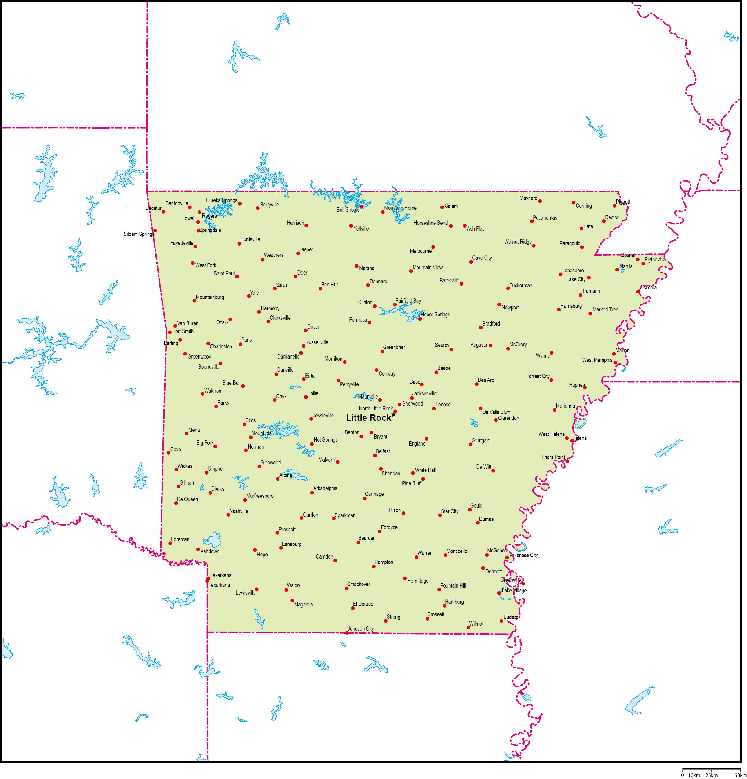 アーカンソー州地図州都・主な都市あり(英語)フリーデータの画像