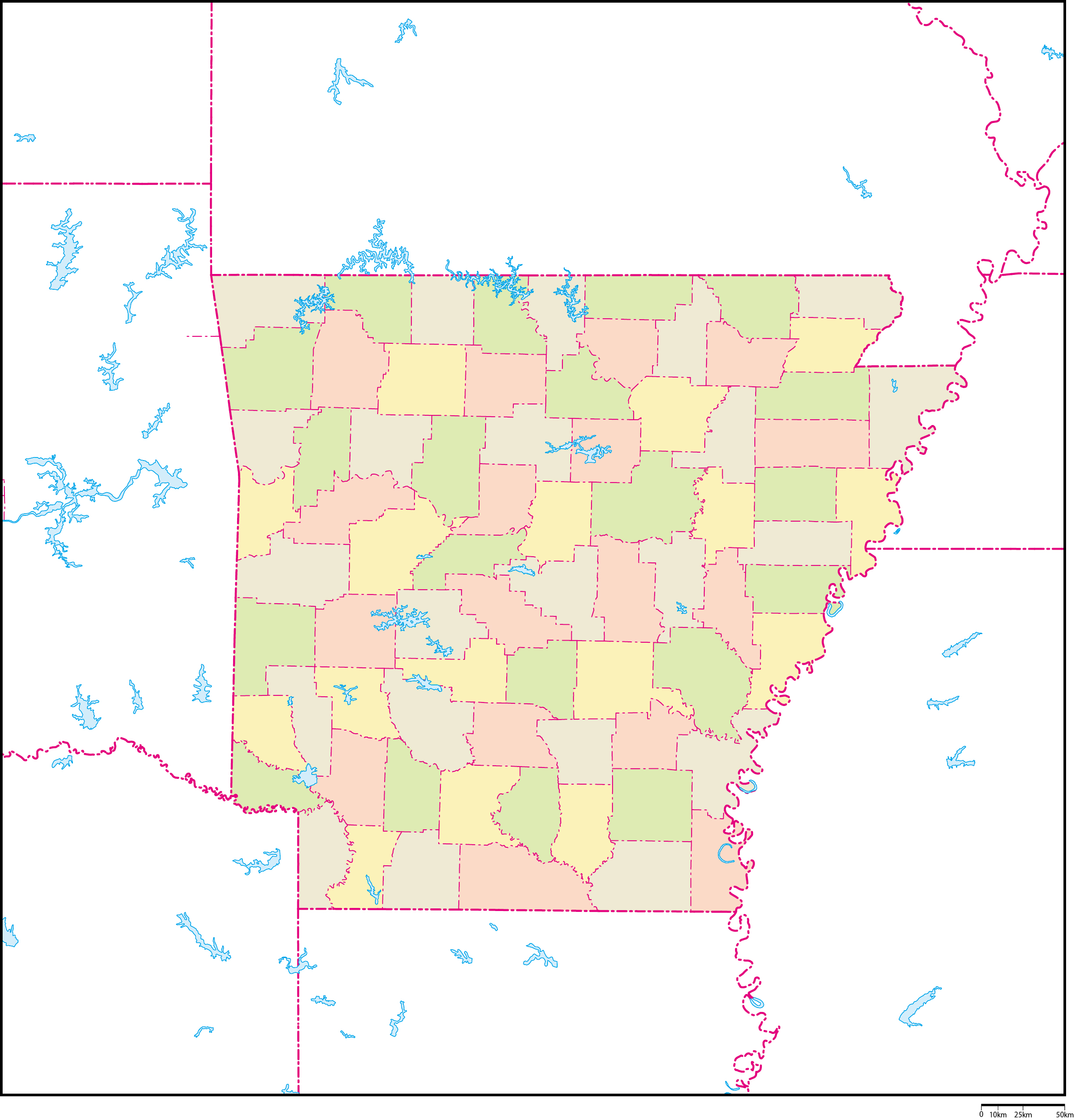アーカンソー州郡色分け地図フリーデータの画像