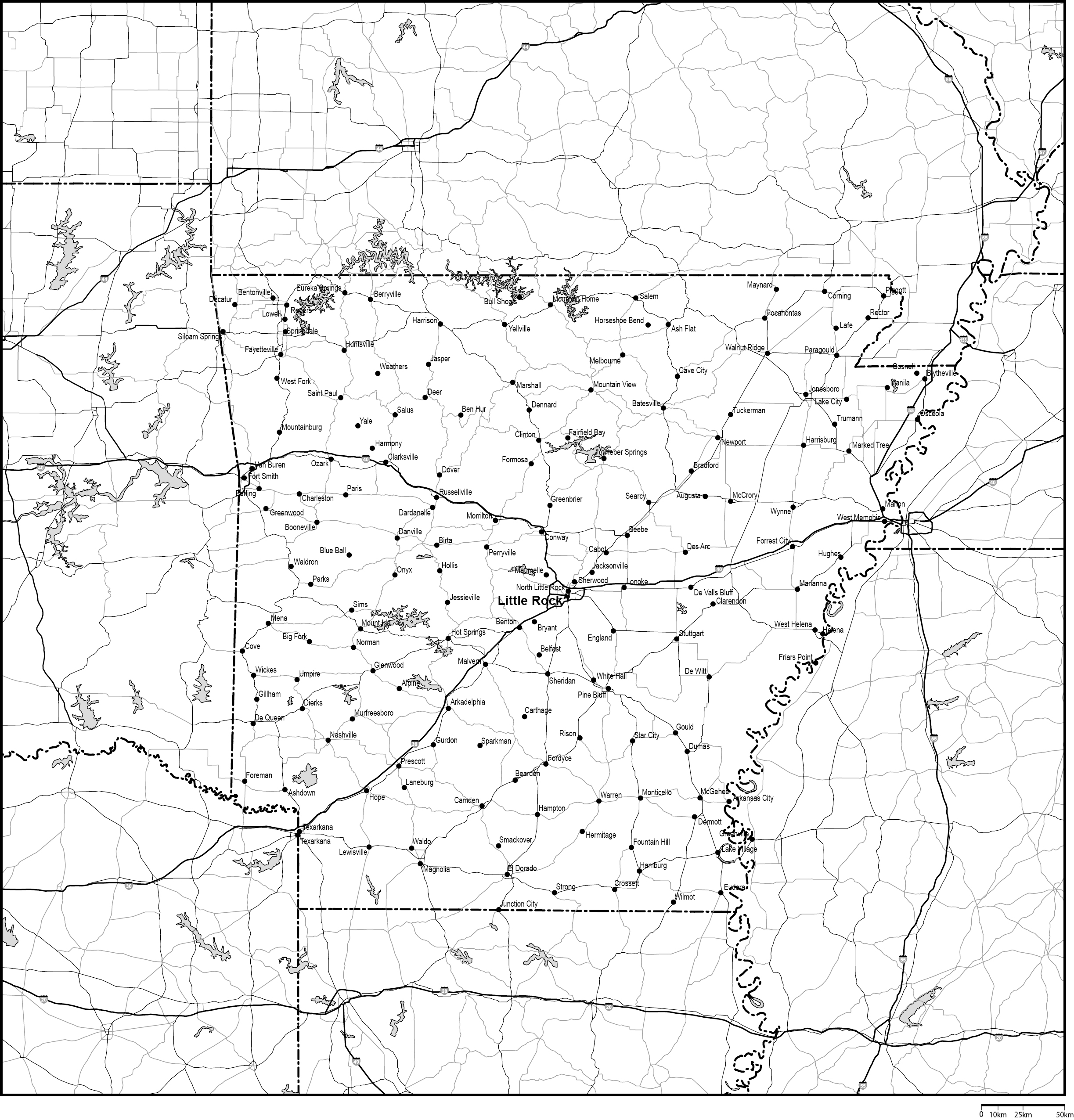アーカンソー州白地図州都・主な都市・道路あり(英語)フリーデータの画像