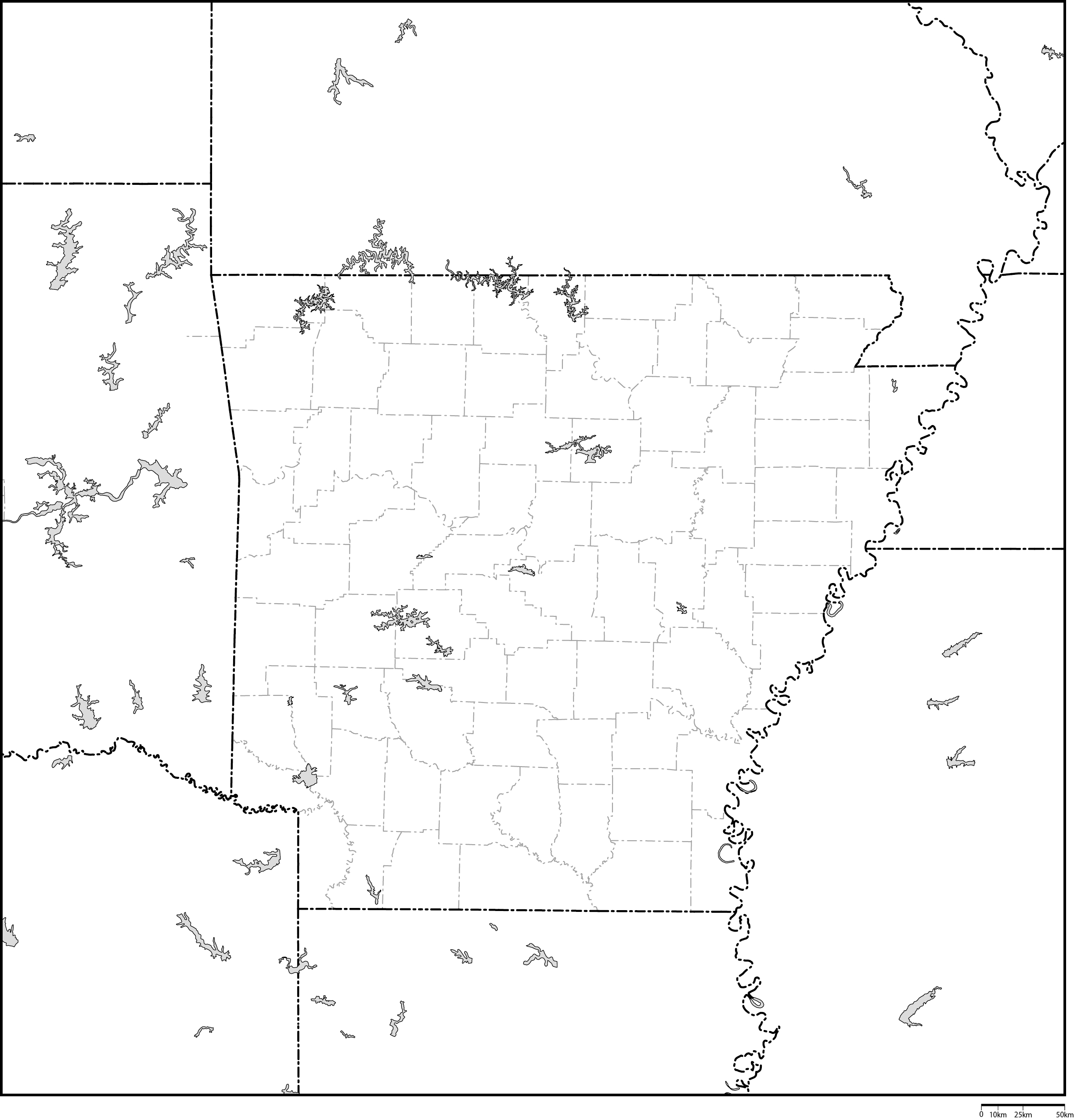 アーカンソー州郡分け白地図フリーデータの画像