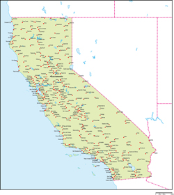 カリフォルニア州地図州都・主な都市あり(英語)