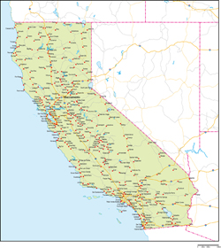 カリフォルニア州地図州都・主な都市・道路あり(英語)