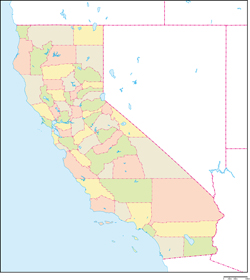 カリフォルニア州郡色分け地図