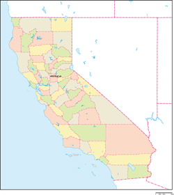 カリフォルニア州郡色分け地図州都あり(日本語)