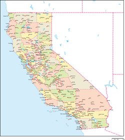 カリフォルニア州郡色分け地図州都・主な都市あり(英語)