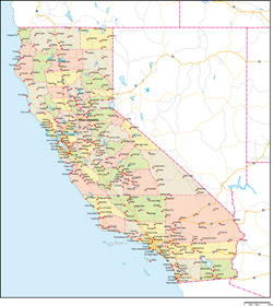 カリフォルニア州郡色分け地図州都・主な都市・道路あり(英語)