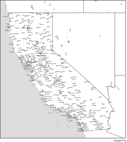 カリフォルニア州白地図州都・主な都市あり(英語)