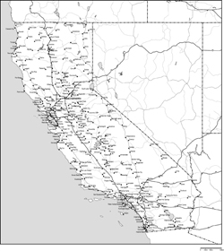 カリフォルニア州白地図州都・主な都市・道路あり(英語)