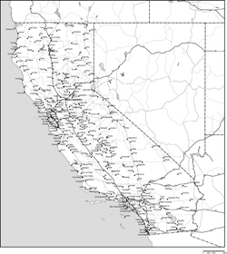 カリフォルニア州郡分け白地図州都・主な都市・道路あり(英語)