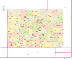 コロラド州郡色分け地図州都・主な都市あり(英語)