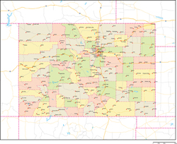 コロラド州郡色分け地図州都・主な都市・道路あり(英語)