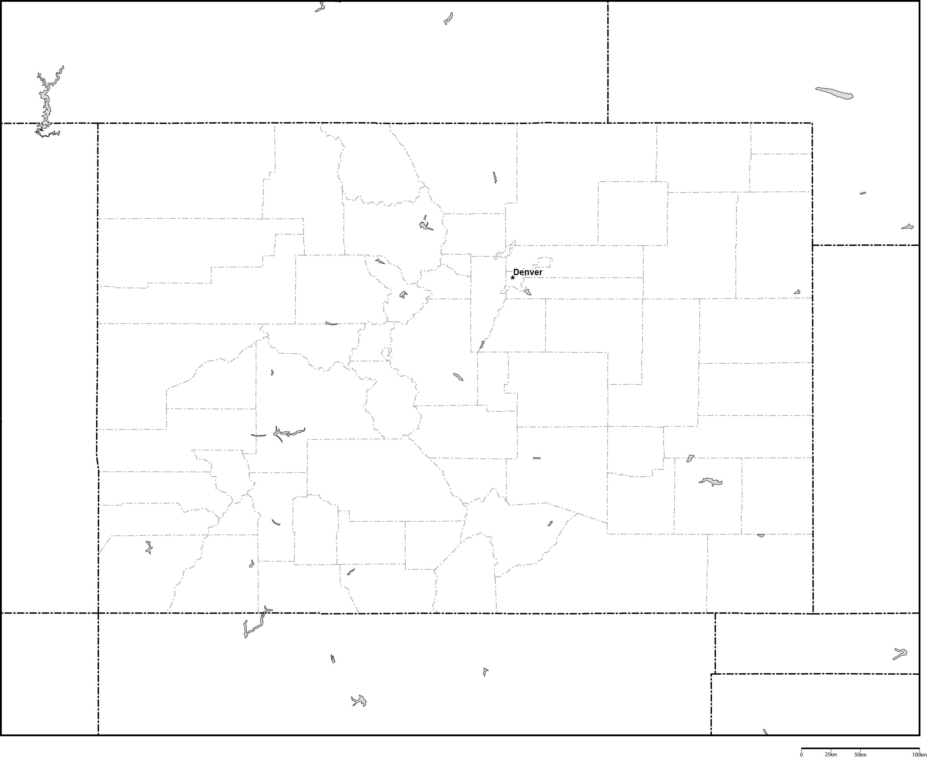 コロラド州郡分け白地図州都あり(英語)フリーデータの画像