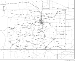 コロラド州郡分け白地図州都・主な都市・道路あり(英語)