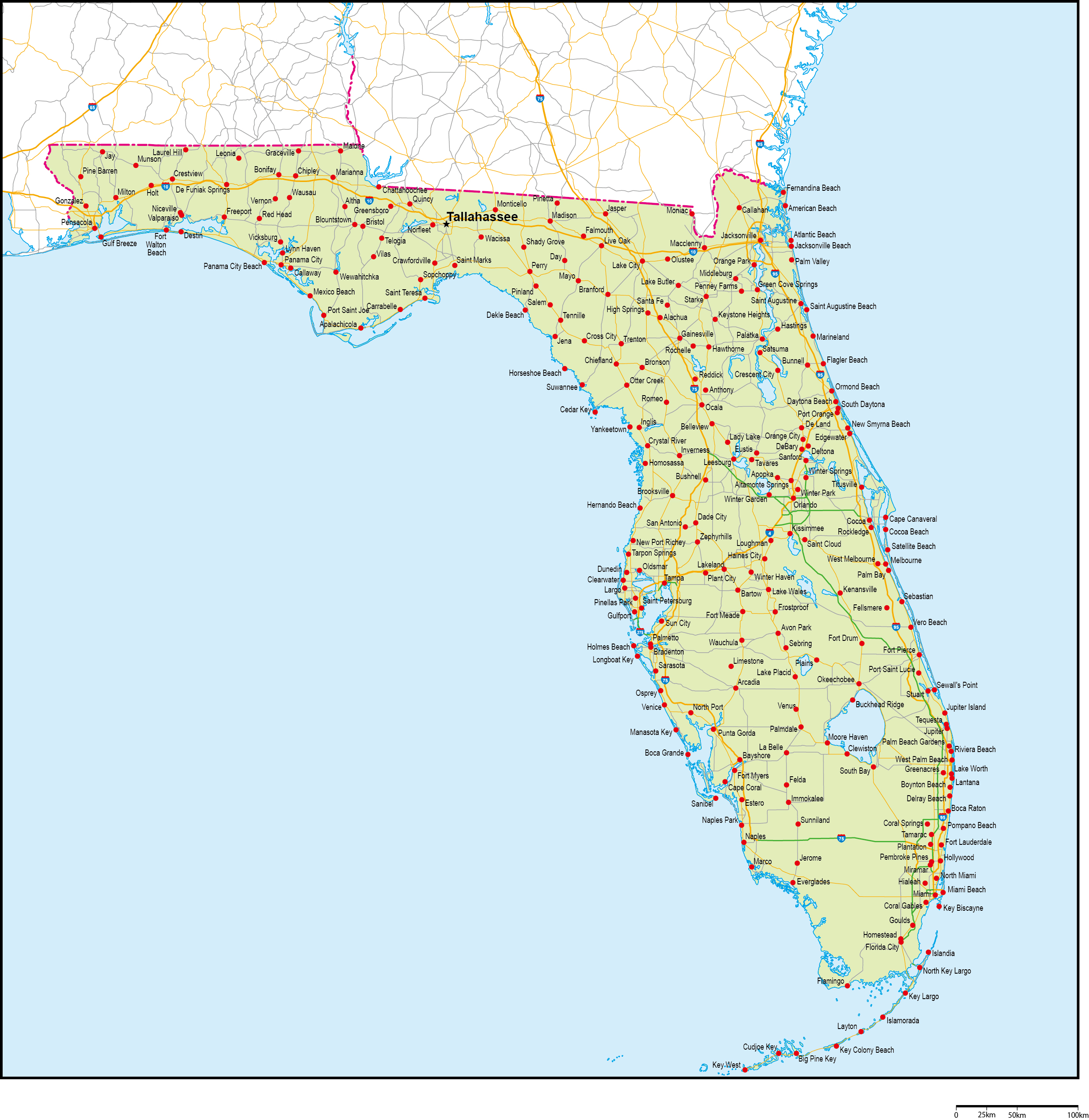 フロリダ州地図州都・主な都市・道路あり(英語)フリーデータの画像