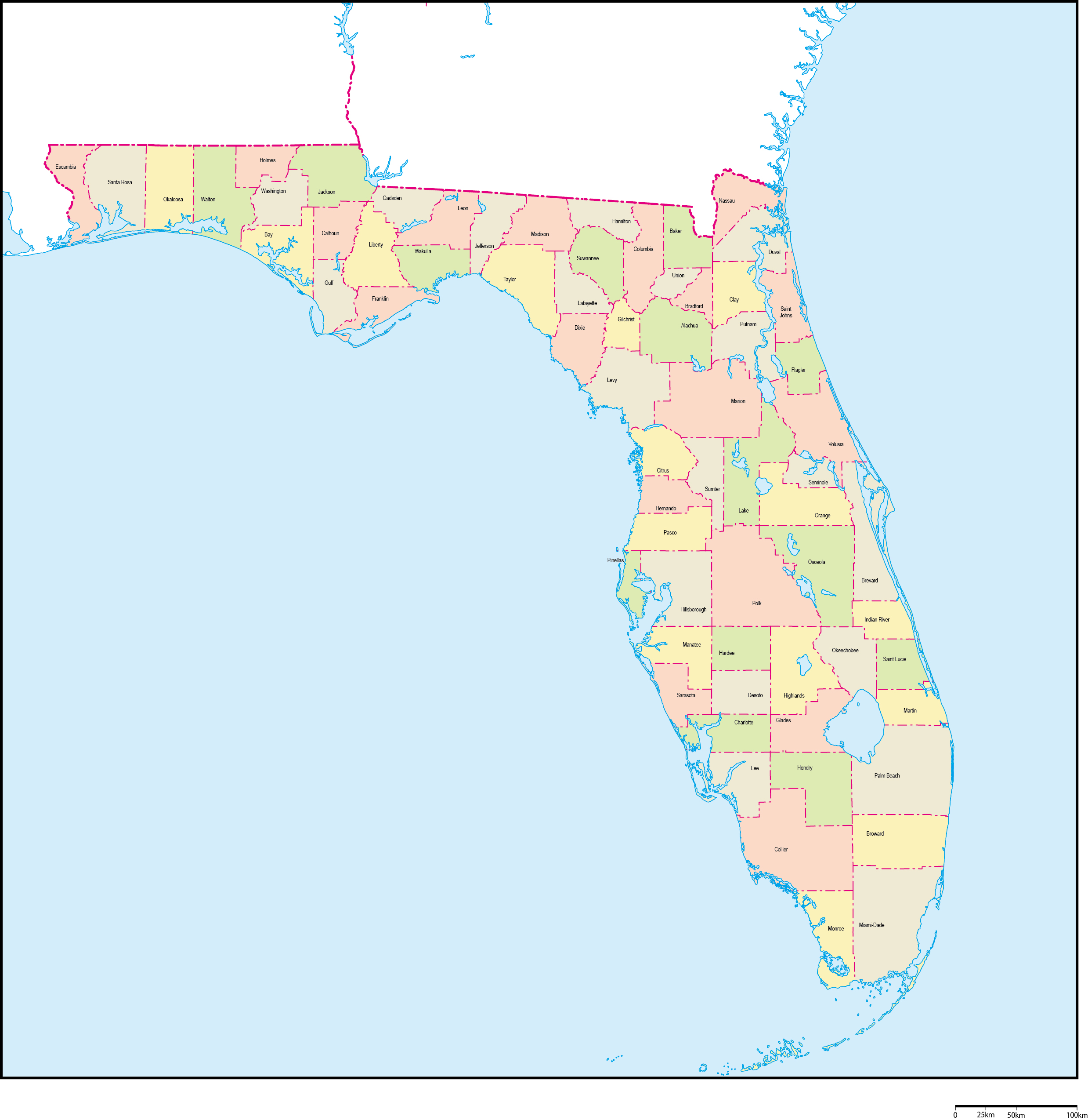 フロリダ州郡色分け地図郡名あり(英語)フリーデータの画像