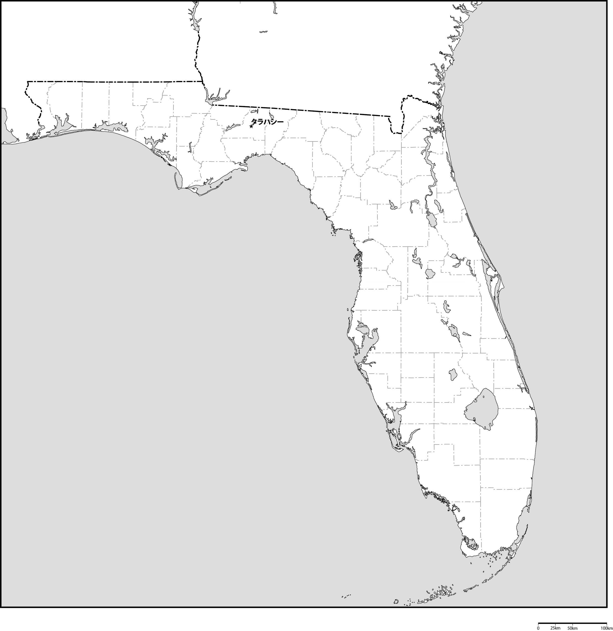 フロリダ州郡分け白地図州都あり(日本語)フリーデータの画像