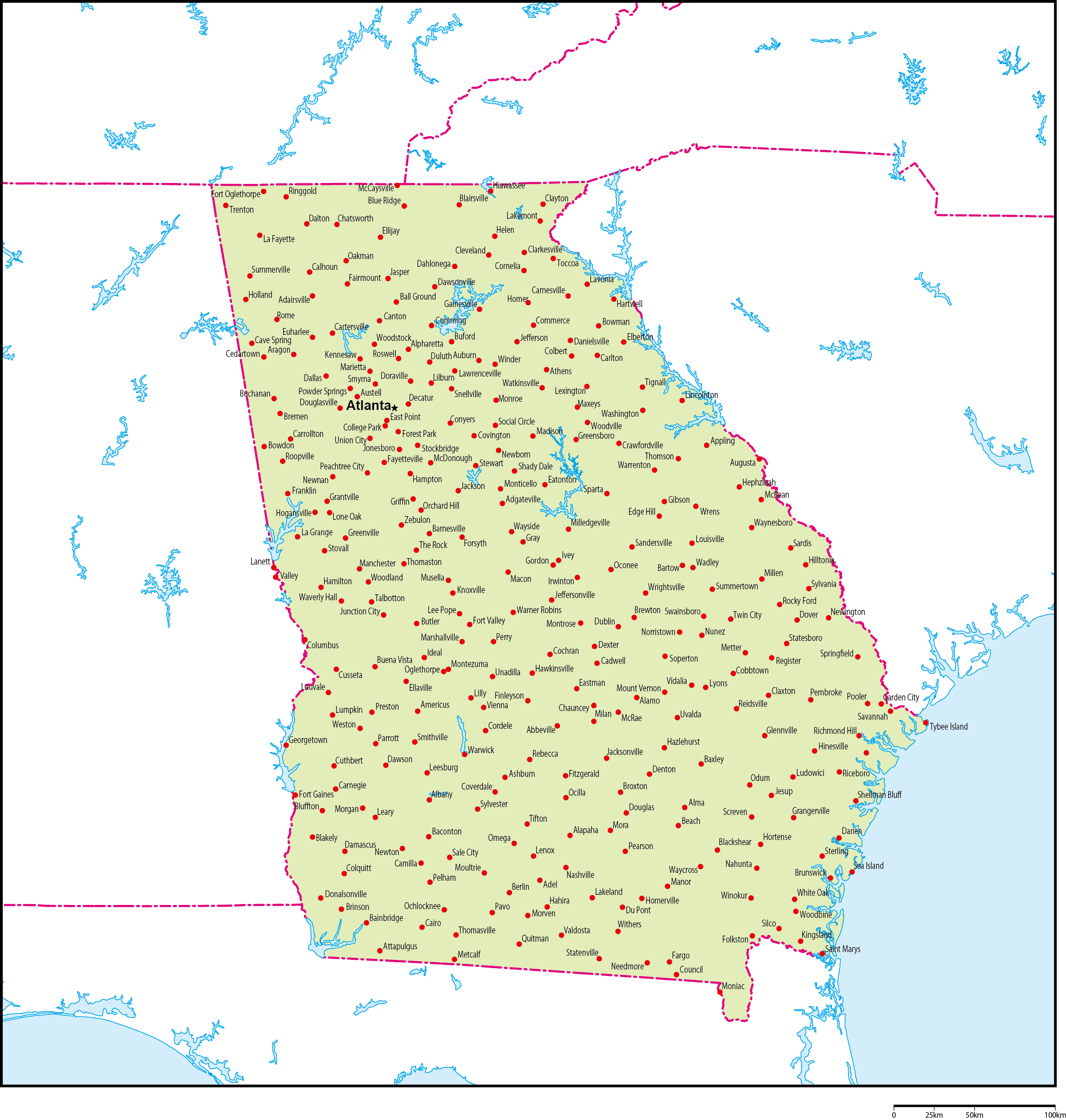 ジョージア州地図州都・主な都市あり(英語)フリーデータの画像