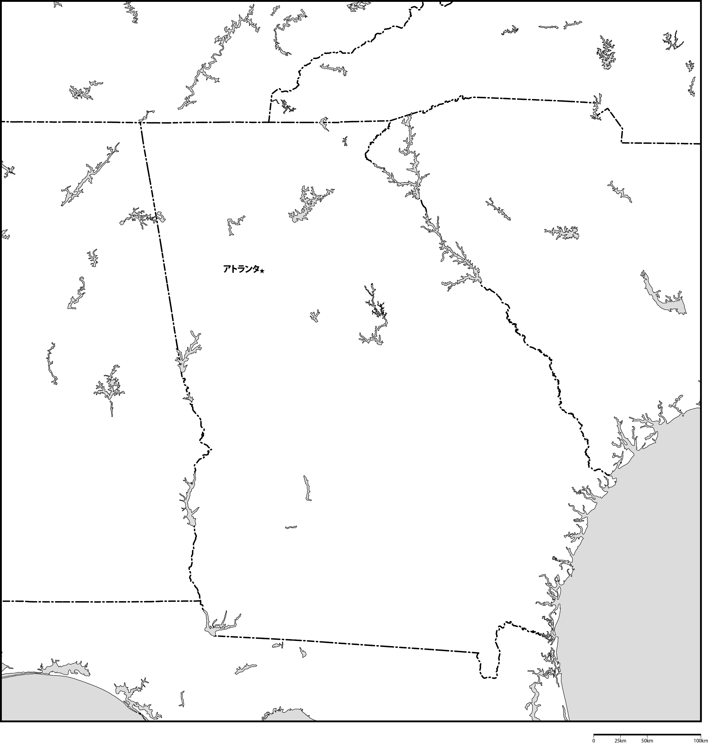 ジョージア州白地図州都あり(日本語)フリーデータの画像