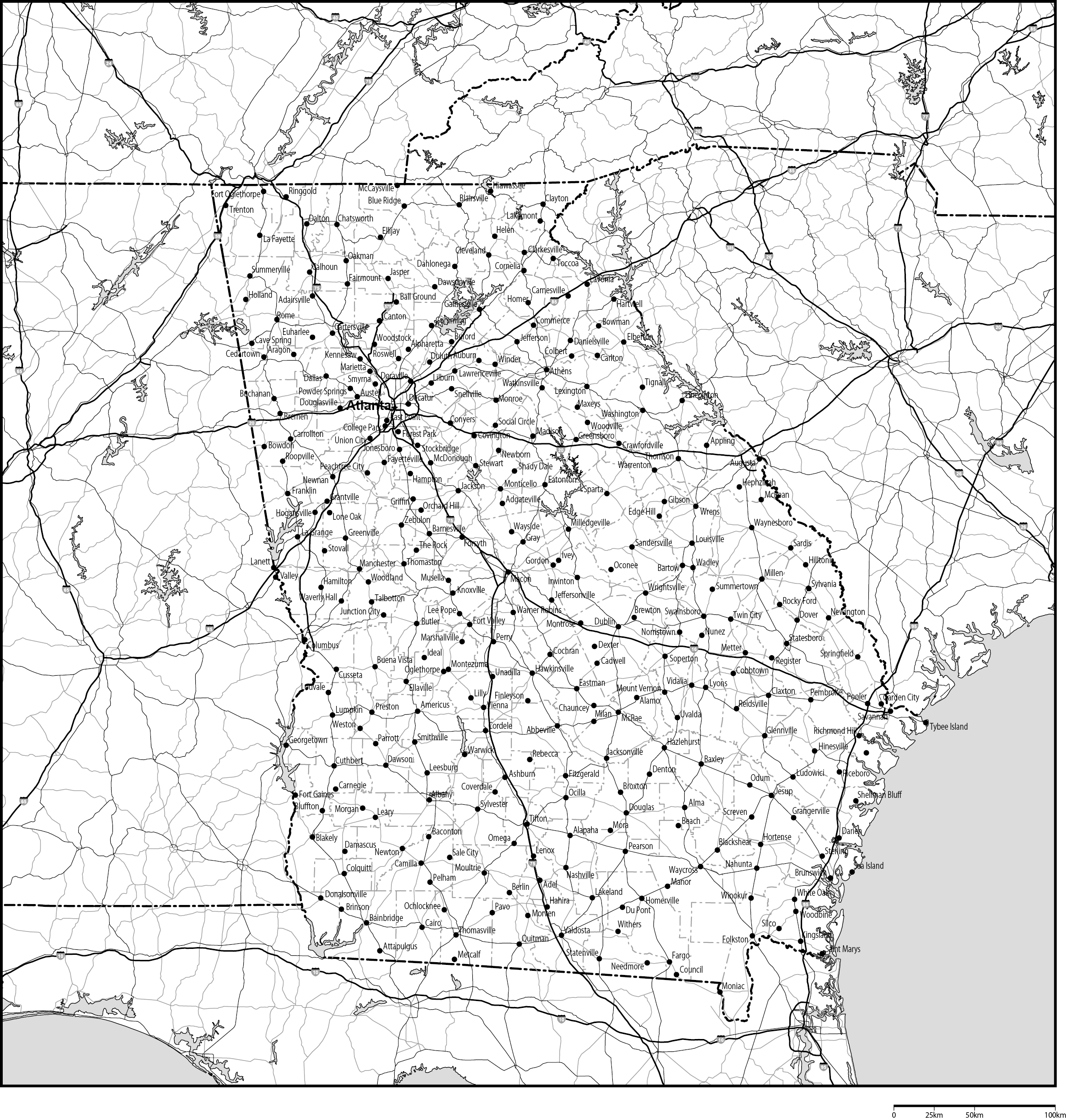 ジョージア州郡分け白地図州都・主な都市・道路あり(英語)フリーデータの画像