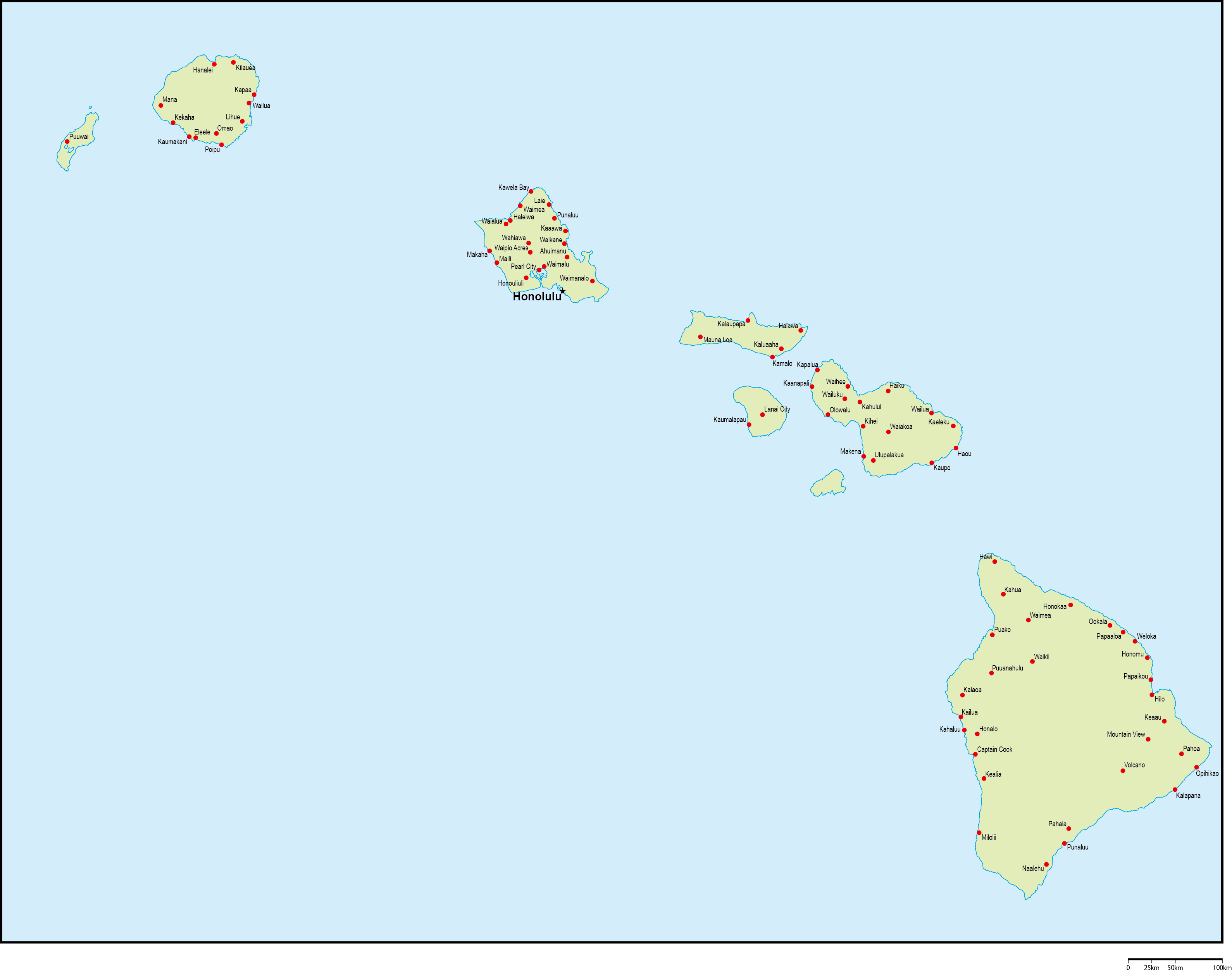 ハワイ州地図州都・主な都市あり(英語)フリーデータの画像