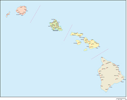 ハワイ州郡色分け地図州都・主な都市あり(英語)
