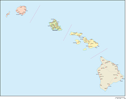 ハワイ州郡色分け地図州都・主な都市・道路あり(英語)
