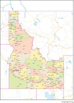 アイダホ州郡色分け地図州都・主な都市・道路あり(英語)