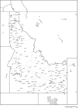 アイダホ州郡分け白地図州都・主な都市あり(英語)