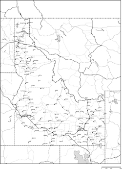 アイダホ州郡分け白地図州都・主な都市・道路あり(英語)