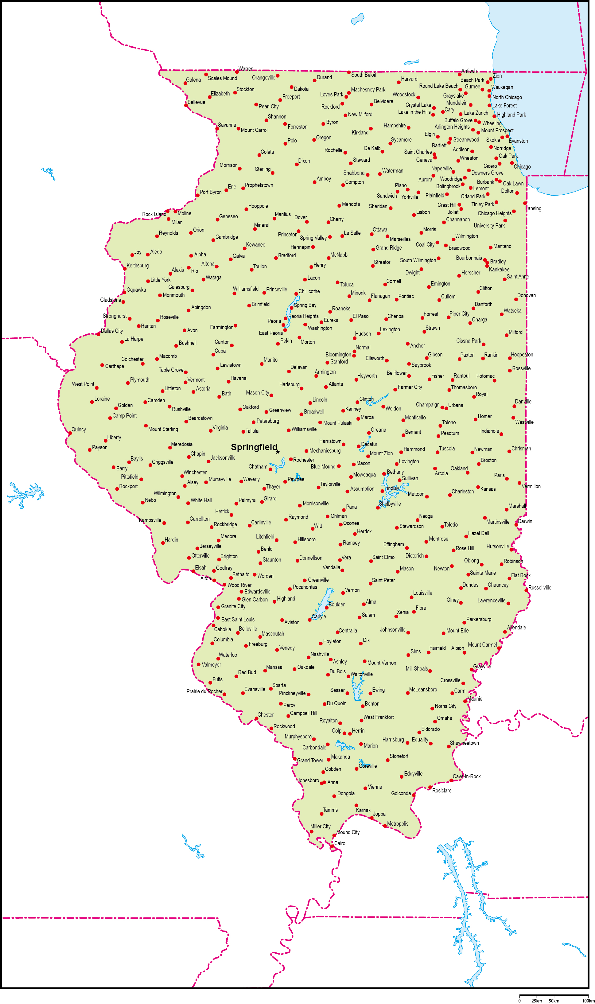 イリノイ州地図州都・主な都市あり(英語)フリーデータの画像