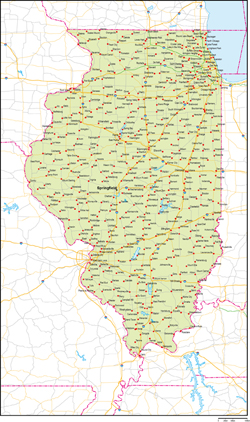 イリノイ州地図州都・主な都市・道路あり(英語)