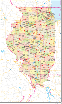 イリノイ州郡色分け地図州都・主な都市・道路あり(英語)