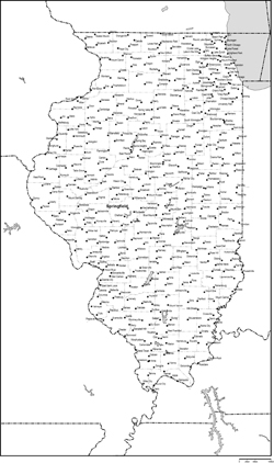 イリノイ州郡分け白地図州都・主な都市あり(英語)