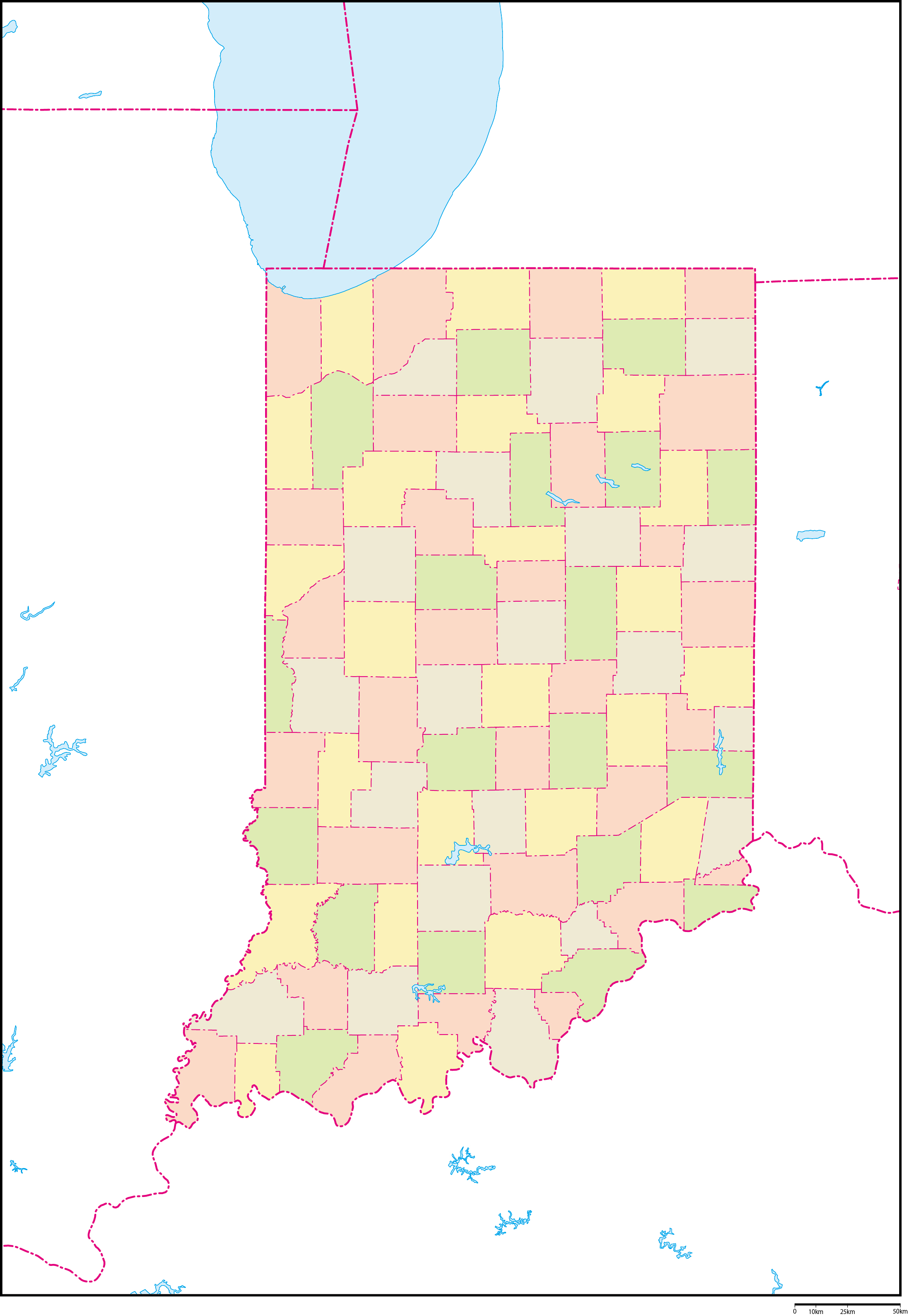 インディアナ州郡色分け地図フリーデータの画像