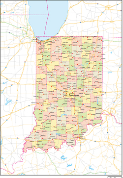 インディアナ州郡色分け地図州都・主な都市・道路あり(英語)