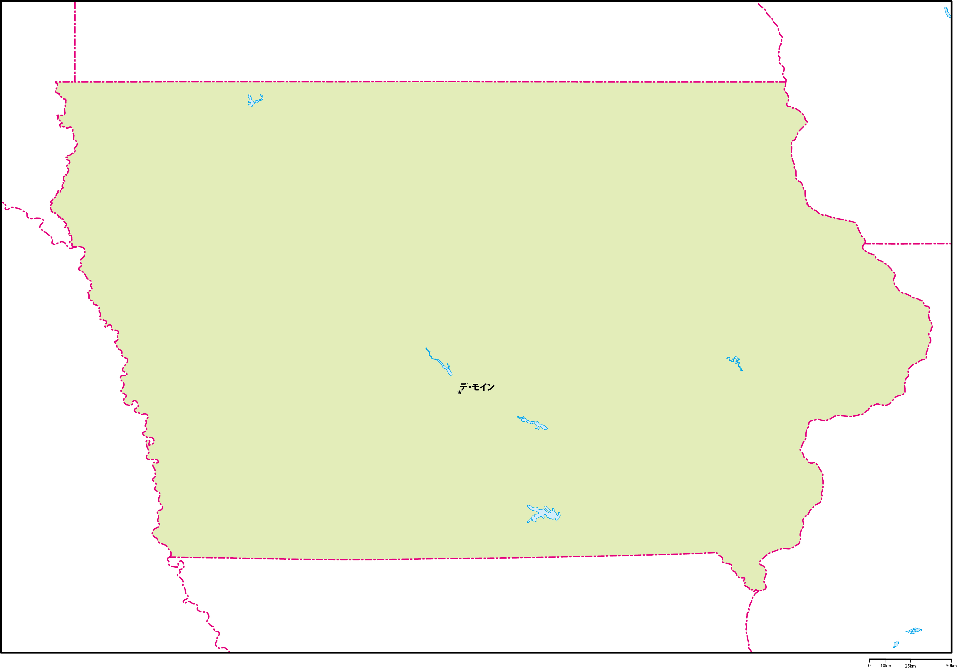 アイオワ州地図州都あり(日本語)フリーデータの画像