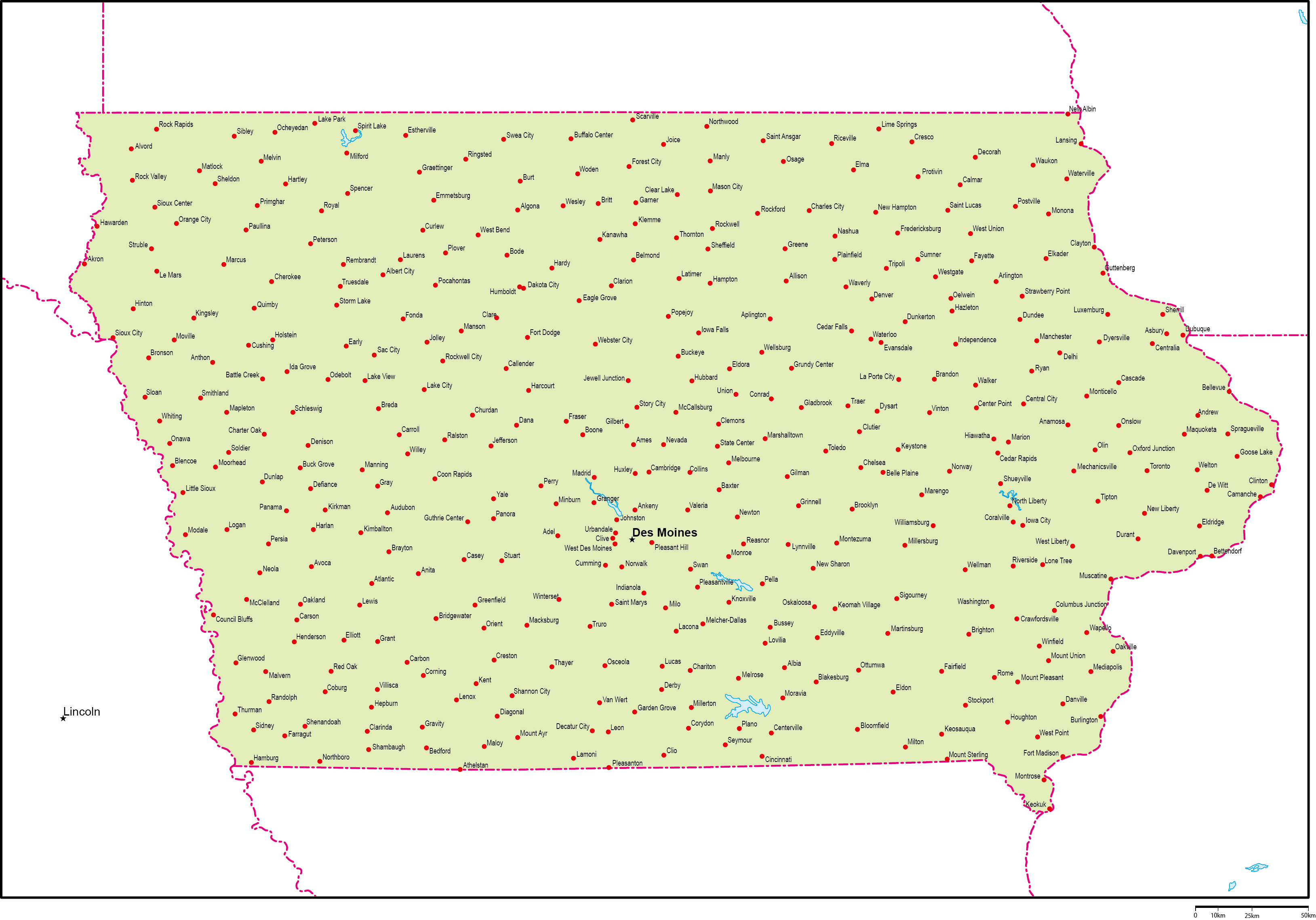 アイオワ州地図州都・主な都市あり(英語)フリーデータの画像