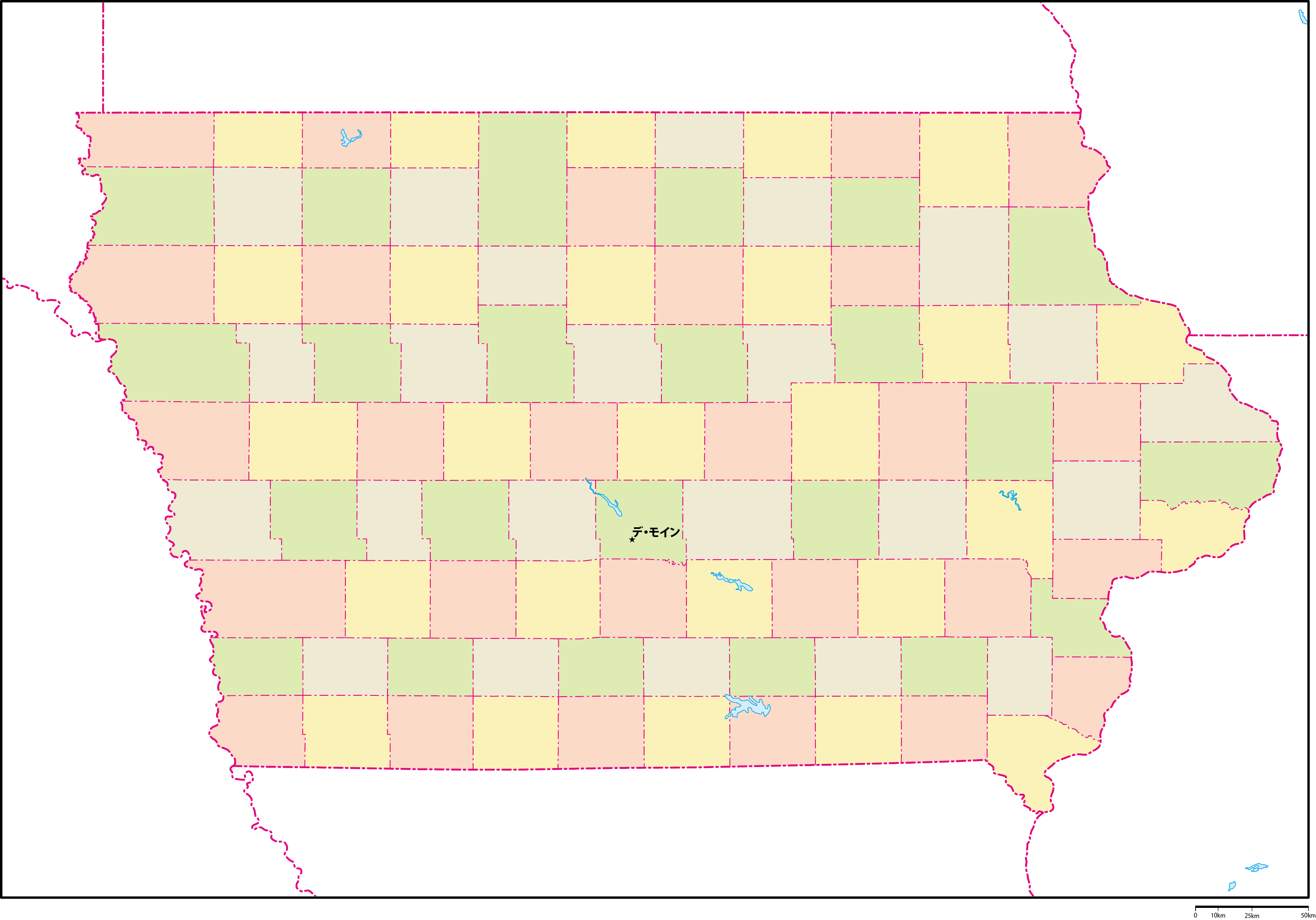 アイオワ州郡色分け地図州都あり(日本語)フリーデータの画像