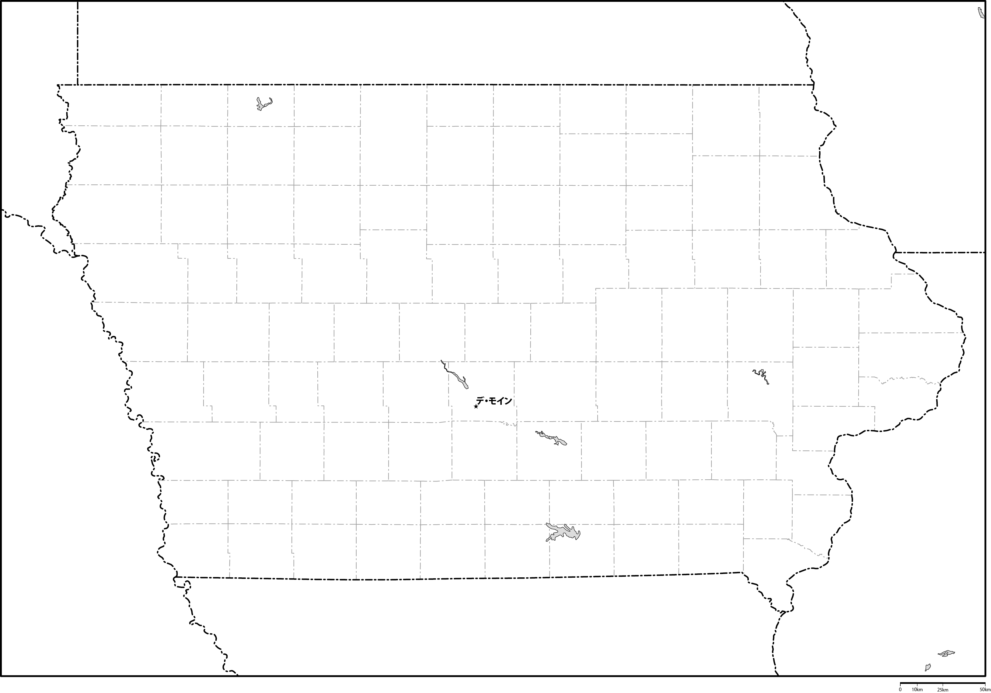 アイオワ州郡分け白地図州都あり(日本語)フリーデータの画像