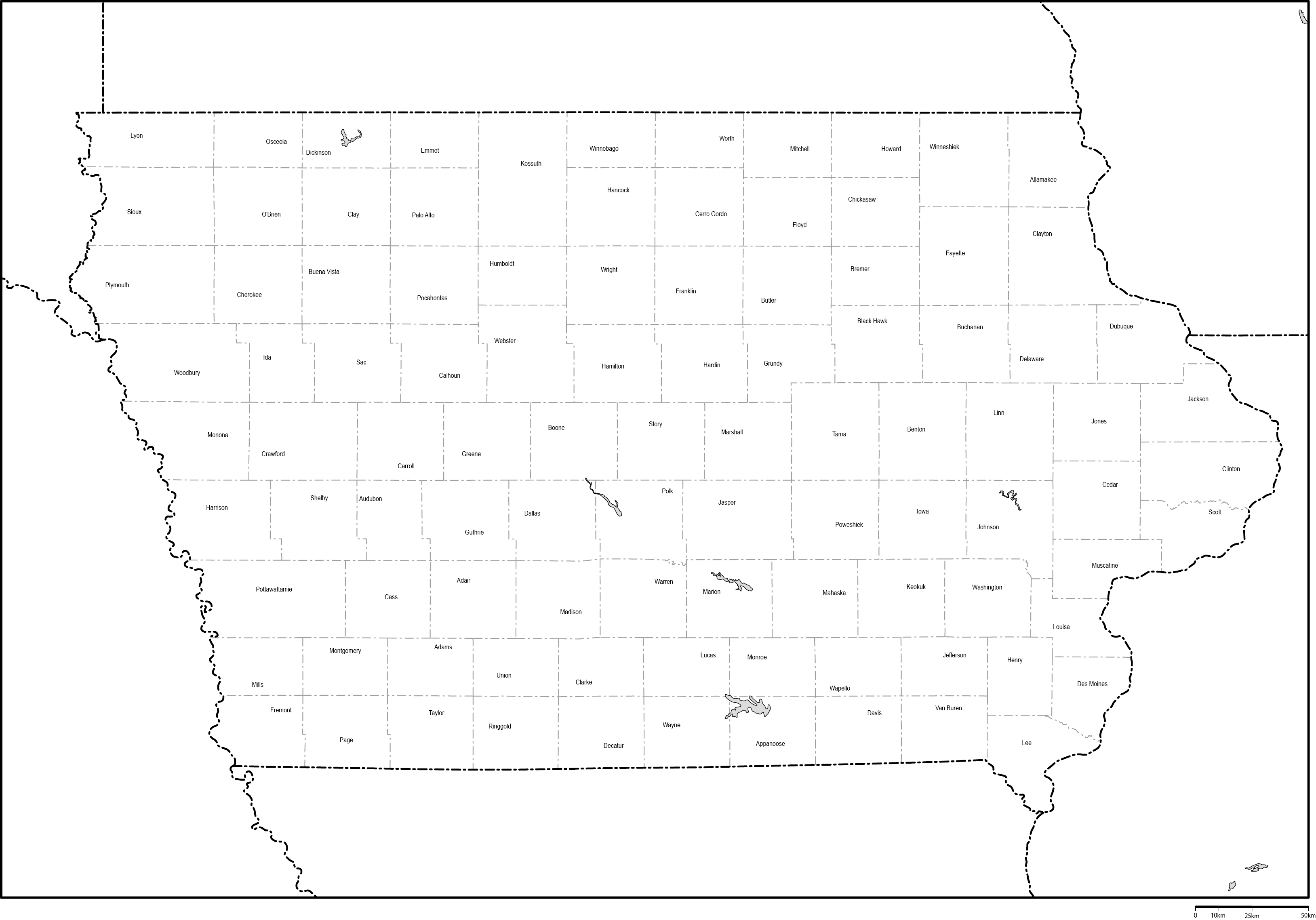 アイオワ州郡分け白地図郡名あり(英語)フリーデータの画像