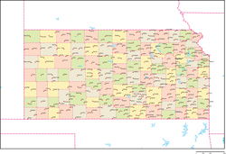 カンザス州郡色分け地図州都・主な都市あり(英語)