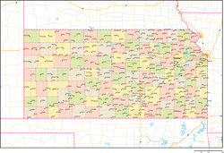 カンザス州郡色分け地図州都・主な都市・道路あり(英語)